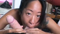 Slutty Asian lady shows off her amazing body before sucking and fucking a big cock