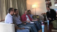 Sizzling hot studs sit on the sofa for an interview with Mickey Skee