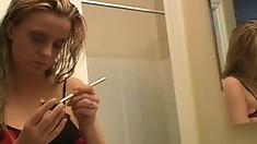 Blonde cutie puts her sexy make up on to hit the town and party