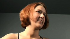 Short haired redhead with tiny tits gets her cunt eaten out and fucked